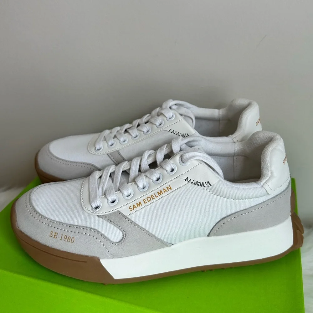NIB Sam Edelman Layla Suede and Nylon Fashion Sneakers White Multi size 7.5 - Picture 3 of 16
